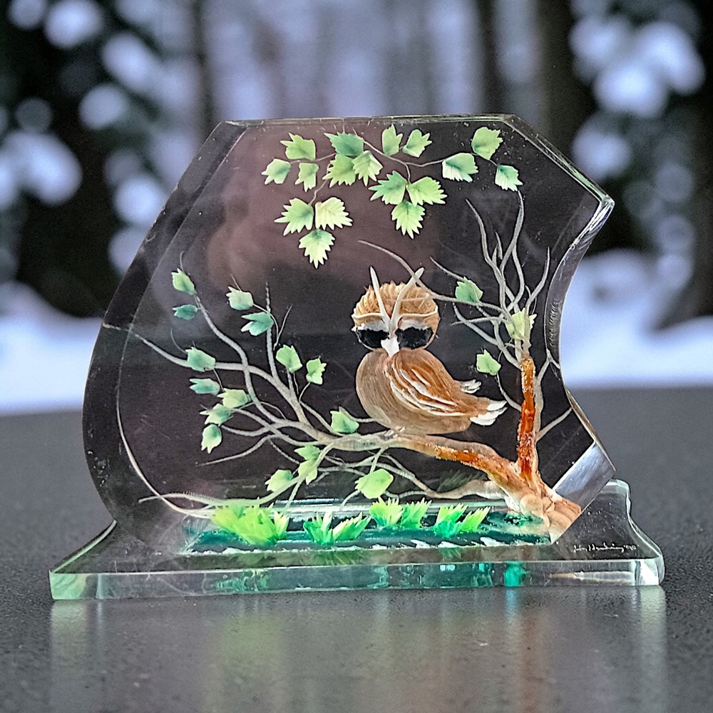 Vintage Lucite Owl Paperweight Sculpture Hand Painted Woodland Bird MCM Decor - Picture 15 of 16